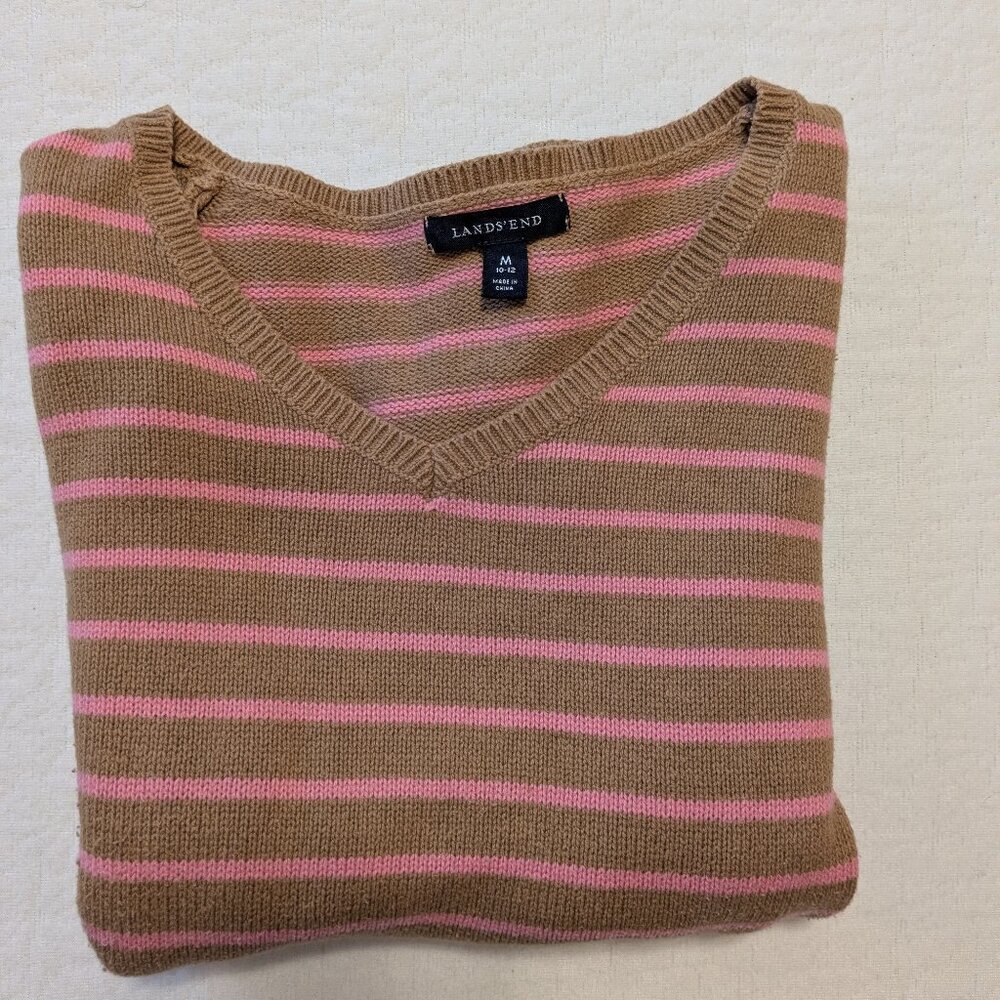 LANDS' END Pink and Brown Women's MEDIUM V-Neck Sweater